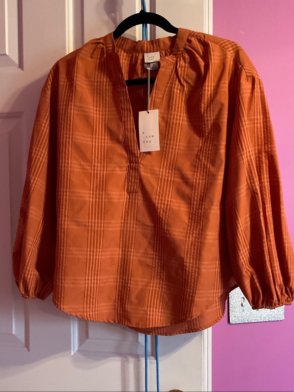 a new day Orange Plaid Peasant Blouse